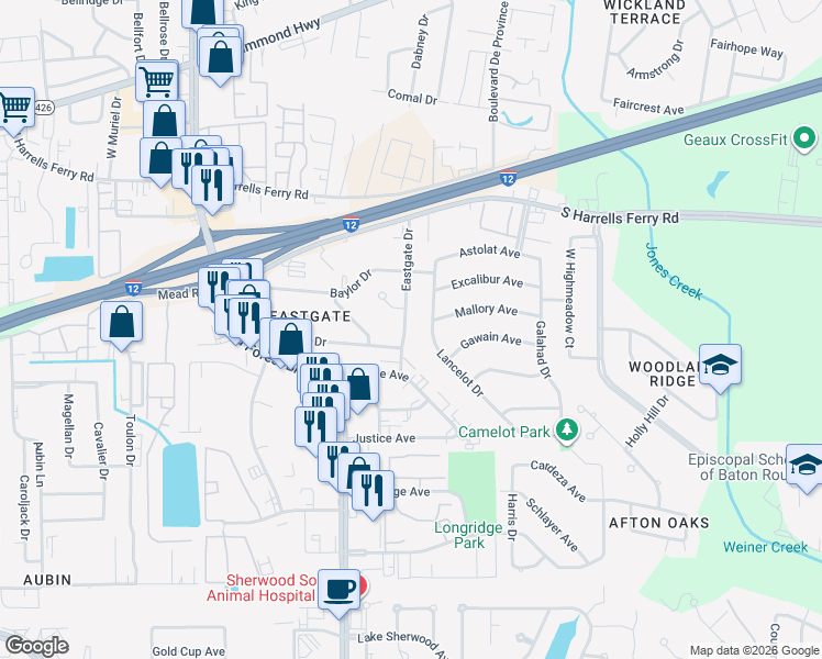 map of restaurants, bars, coffee shops, grocery stores, and more near 2522 Lancelot Drive in Baton Rouge