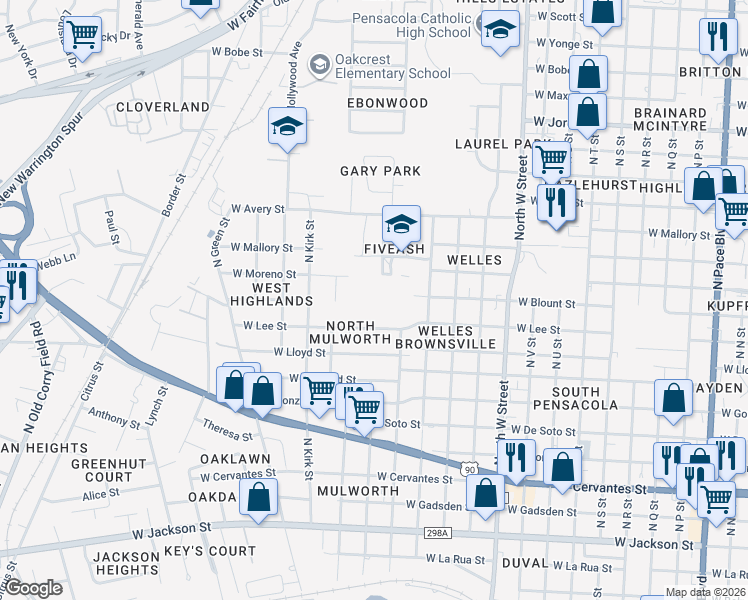 map of restaurants, bars, coffee shops, grocery stores, and more near 3318 West Lee Street in Pensacola