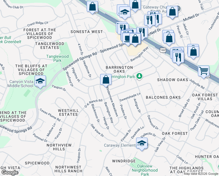map of restaurants, bars, coffee shops, grocery stores, and more near 11501 Windermere Meadows in Austin