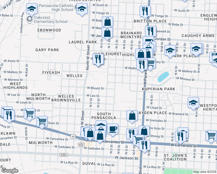 map of restaurants, bars, coffee shops, grocery stores, and more near 1416 North T Street in Pensacola