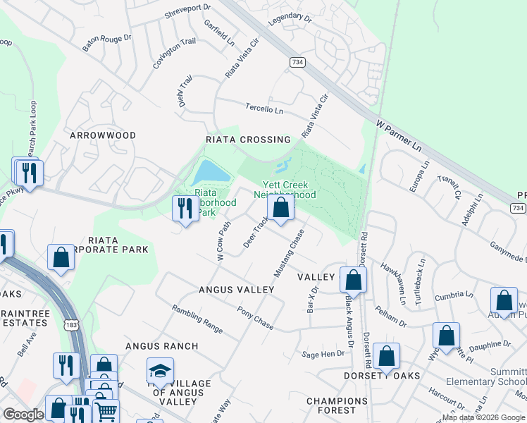 map of restaurants, bars, coffee shops, grocery stores, and more near 5300 Maverick Drive in Austin