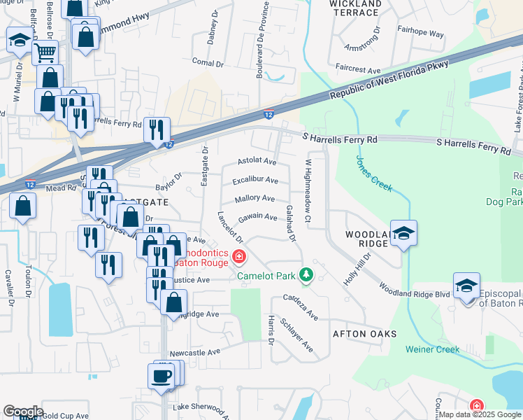 map of restaurants, bars, coffee shops, grocery stores, and more near 12418 Gawain Avenue in Baton Rouge