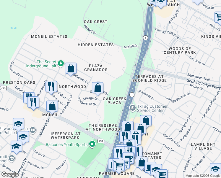 map of restaurants, bars, coffee shops, grocery stores, and more near 3300 Oak Creek Drive in Austin