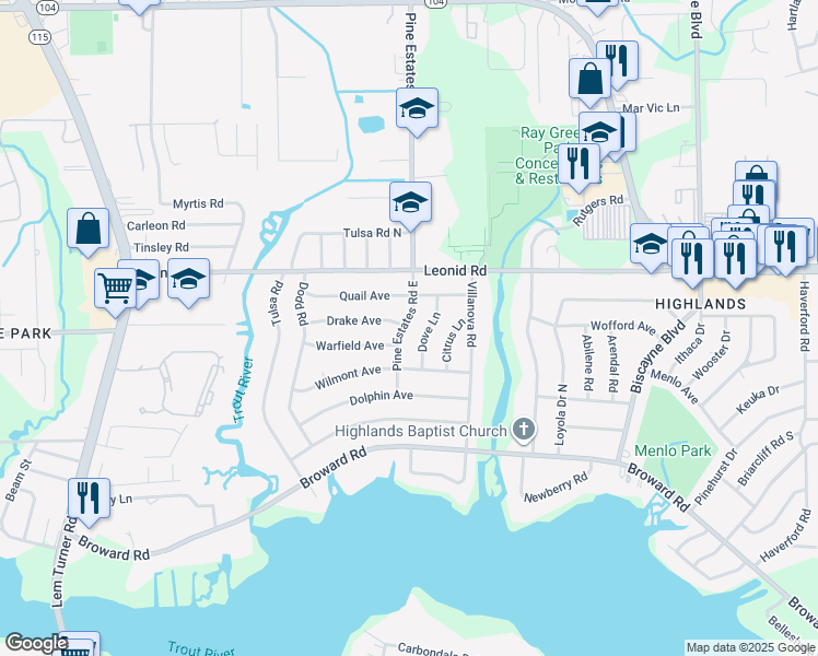 map of restaurants, bars, coffee shops, grocery stores, and more near 10575 Pine Estates Road East in Jacksonville