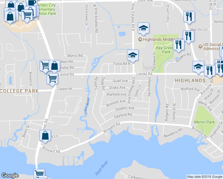 map of restaurants, bars, coffee shops, grocery stores, and more near 2504 Drake Avenue in Jacksonville