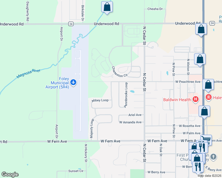 map of restaurants, bars, coffee shops, grocery stores, and more near 1772 Abbey Loop in Foley