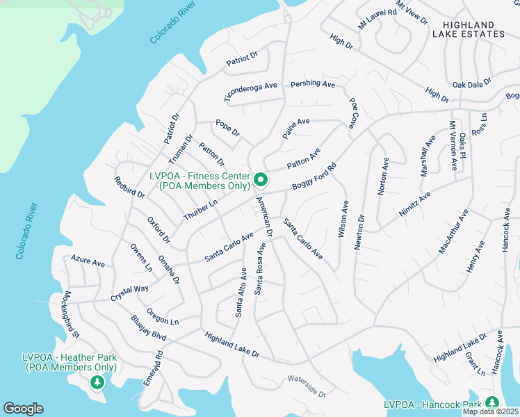 map of restaurants, bars, coffee shops, grocery stores, and more near 2502 American Drive in Lago Vista