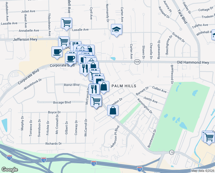 map of restaurants, bars, coffee shops, grocery stores, and more near 7857 Jefferson Highway in Baton Rouge