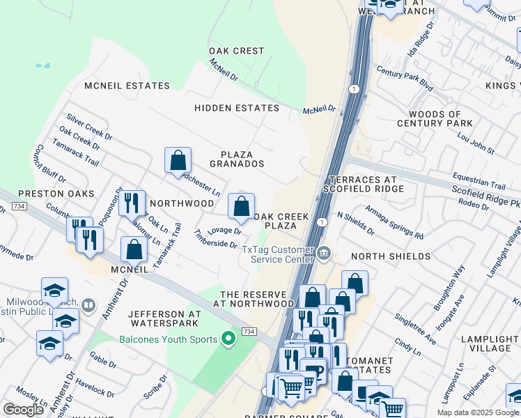 map of restaurants, bars, coffee shops, grocery stores, and more near 3300 Oak Creek Drive in Austin