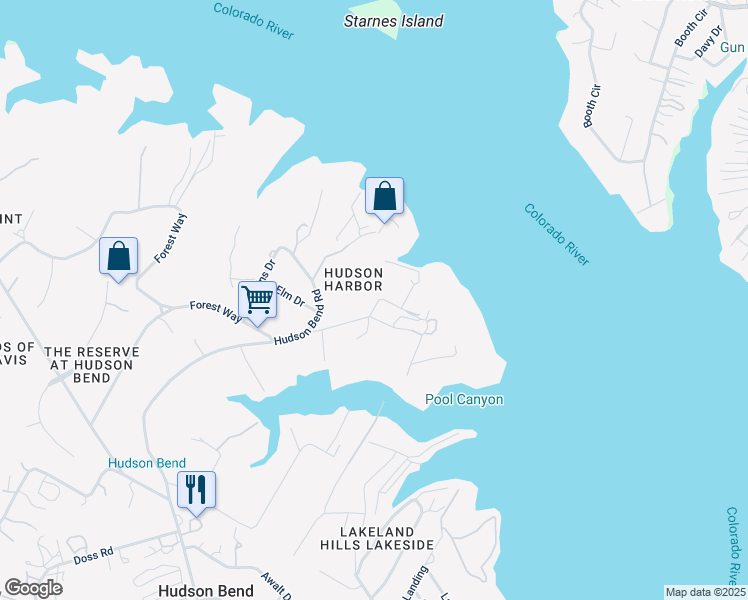 map of restaurants, bars, coffee shops, grocery stores, and more near 16100 Lake Travis Drive in Austin