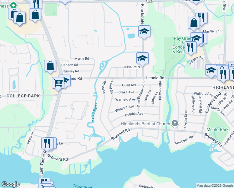 map of restaurants, bars, coffee shops, grocery stores, and more near 2529 Warfield Avenue in Jacksonville