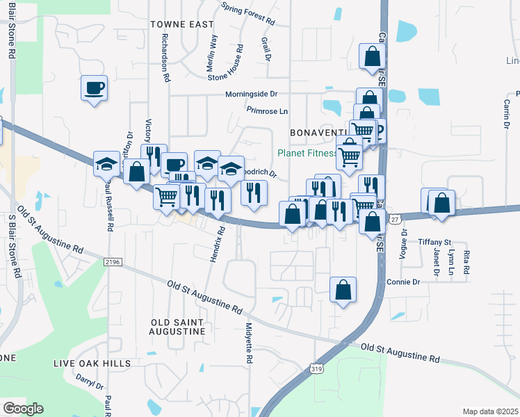 map of restaurants, bars, coffee shops, grocery stores, and more near 2870 Apalachee Parkway in Tallahassee