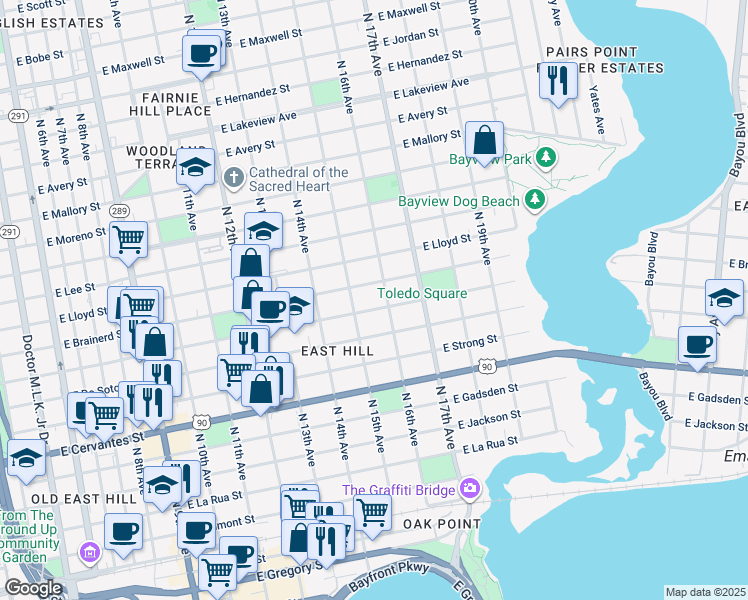 map of restaurants, bars, coffee shops, grocery stores, and more near 1515 East Gonzalez Street in Pensacola