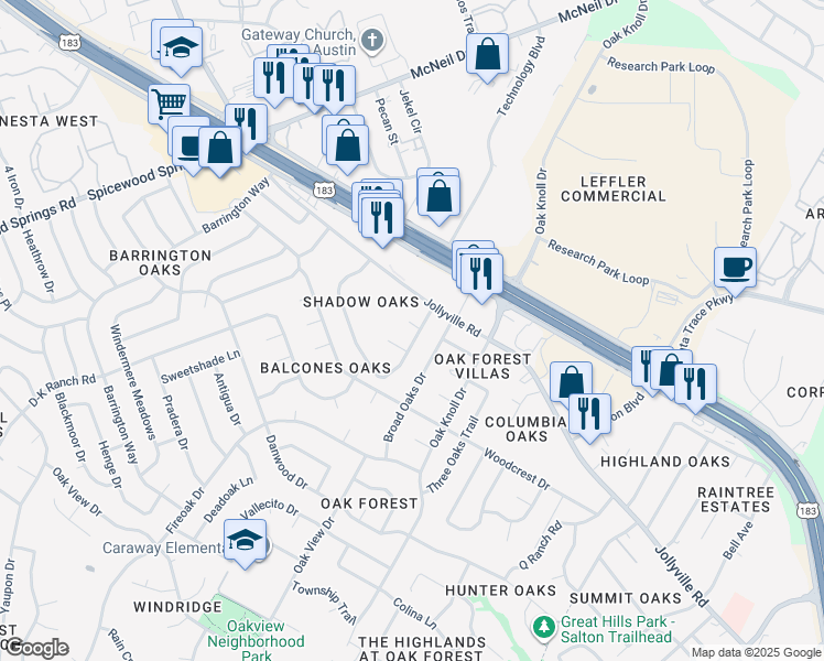 map of restaurants, bars, coffee shops, grocery stores, and more near 11900 Broad Oaks Drive in Austin