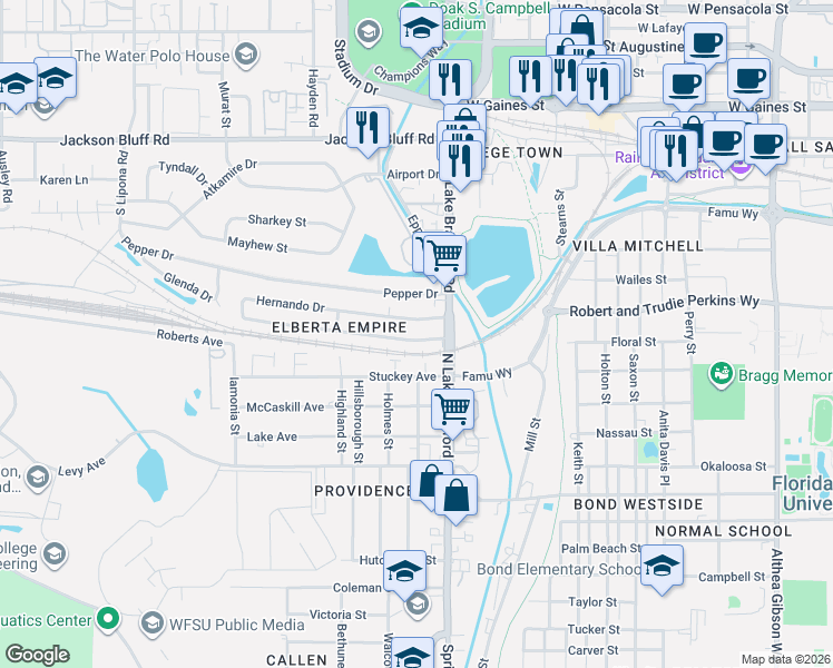map of restaurants, bars, coffee shops, grocery stores, and more near 1213 Elberta Drive in Tallahassee