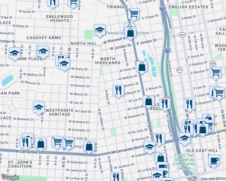 map of restaurants, bars, coffee shops, grocery stores, and more near 310 West Blount Street in Pensacola