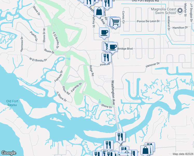 map of restaurants, bars, coffee shops, grocery stores, and more near 5917 Cedar Rd in Ocean Springs