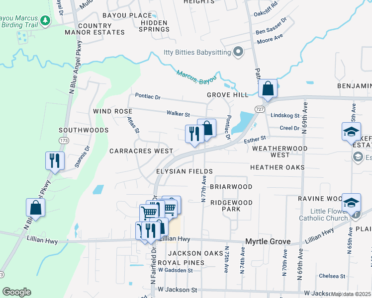 map of restaurants, bars, coffee shops, grocery stores, and more near 7706 West Fairfield Drive in Pensacola
