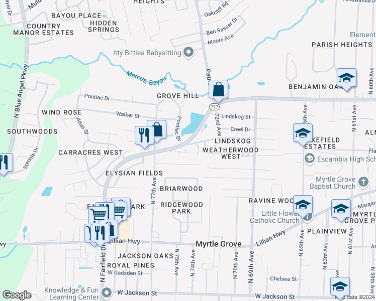 map of restaurants, bars, coffee shops, grocery stores, and more near 7225 West Fairfield Drive in Pensacola