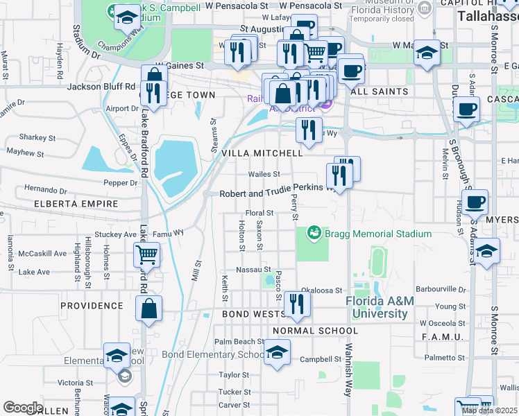 map of restaurants, bars, coffee shops, grocery stores, and more near 1520 Cleveland Street in Tallahassee