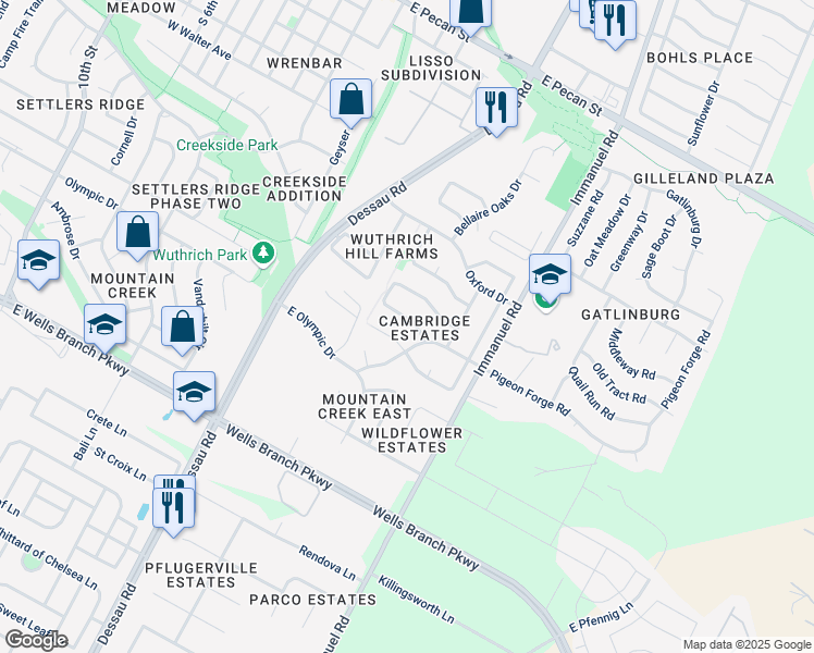 map of restaurants, bars, coffee shops, grocery stores, and more near 1014 Pigeon Forge Road in Pflugerville