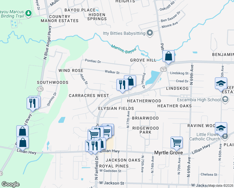 map of restaurants, bars, coffee shops, grocery stores, and more near 7801 Montego Drive in Pensacola