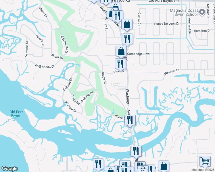 map of restaurants, bars, coffee shops, grocery stores, and more near 5917 Cedar Rd in Ocean Springs