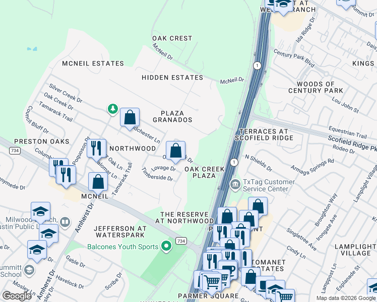 map of restaurants, bars, coffee shops, grocery stores, and more near 3300 Oak Creek Drive in Austin