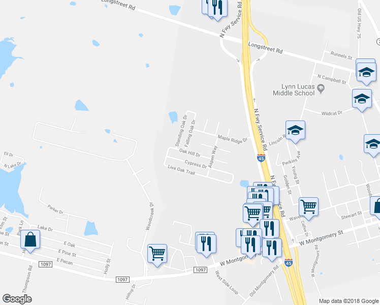 map of restaurants, bars, coffee shops, grocery stores, and more near 9654 Oak Hill Drive in Willis