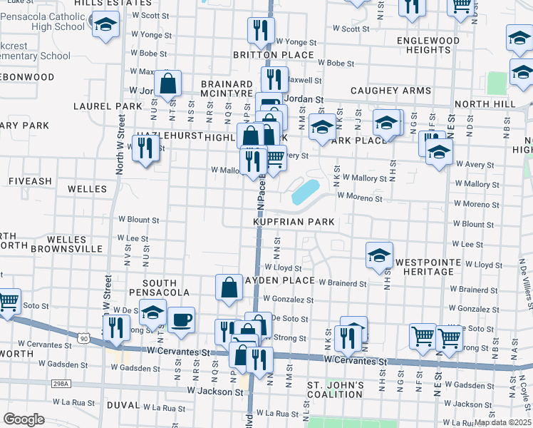 map of restaurants, bars, coffee shops, grocery stores, and more near 2000 West Godfrey Street in Pensacola