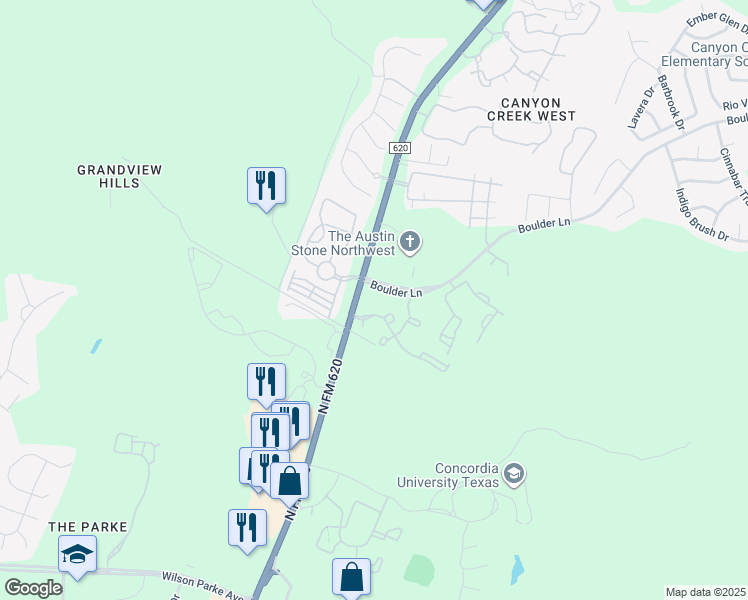 map of restaurants, bars, coffee shops, grocery stores, and more near 10200 Boulder Lane in Austin
