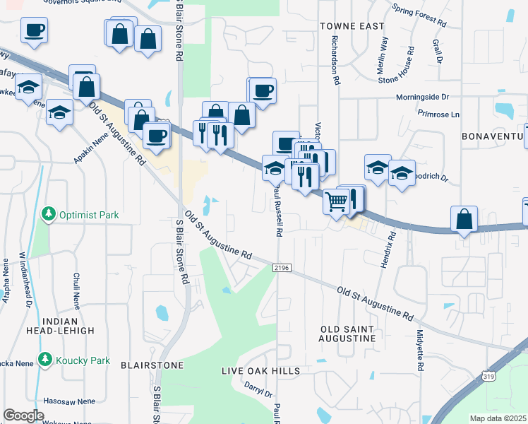 map of restaurants, bars, coffee shops, grocery stores, and more near 1350 Linda Ann Drive in Tallahassee