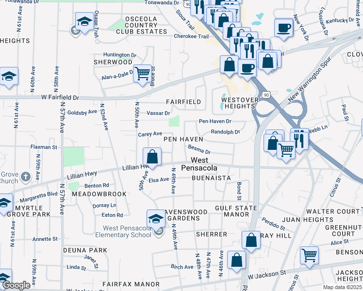 map of restaurants, bars, coffee shops, grocery stores, and more near 1401 North 48th Avenue in Pensacola