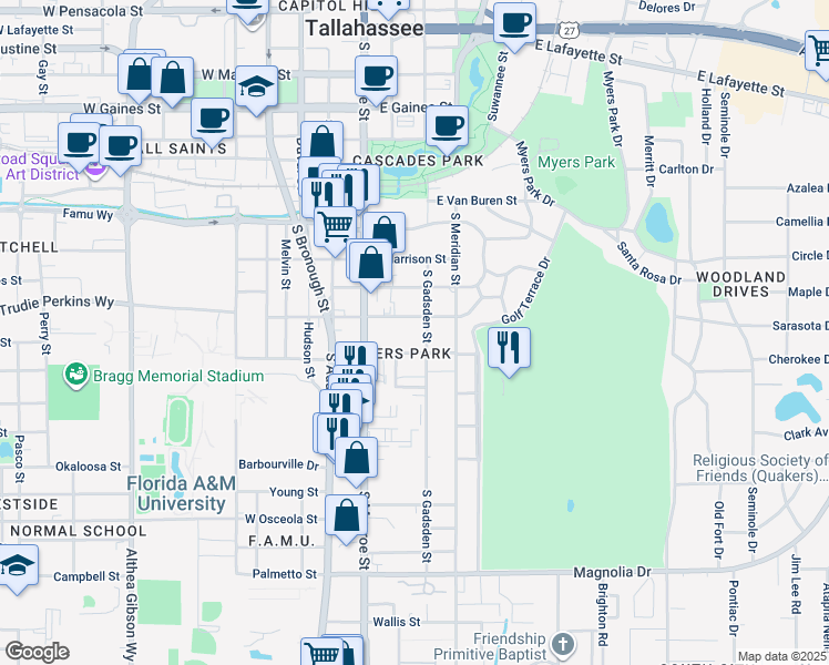 map of restaurants, bars, coffee shops, grocery stores, and more near 314 East Palmer Avenue in Tallahassee