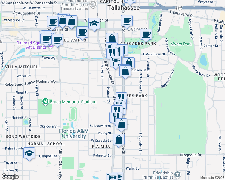 map of restaurants, bars, coffee shops, grocery stores, and more near 1534 South Adams Street in Tallahassee