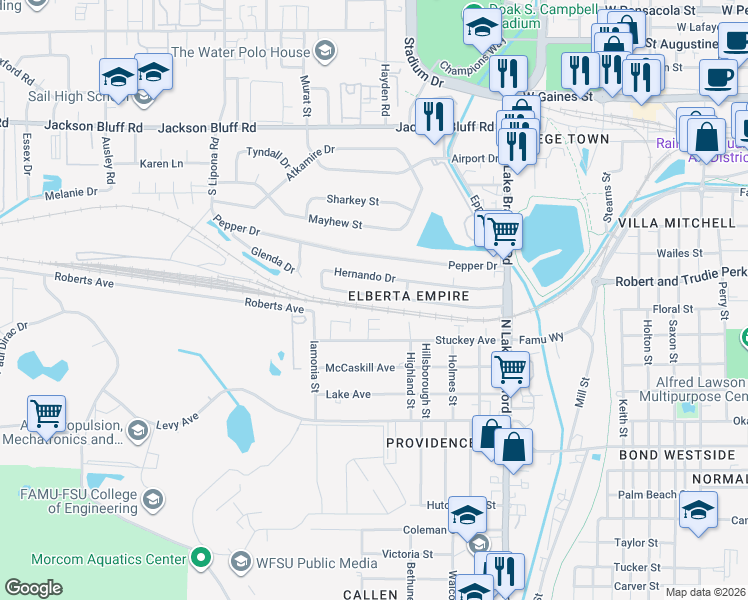 map of restaurants, bars, coffee shops, grocery stores, and more near 1517 Elberta Drive in Tallahassee