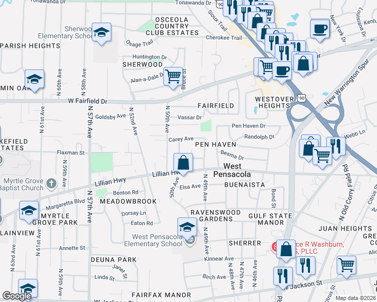 map of restaurants, bars, coffee shops, grocery stores, and more near 10 Union Court in Pensacola