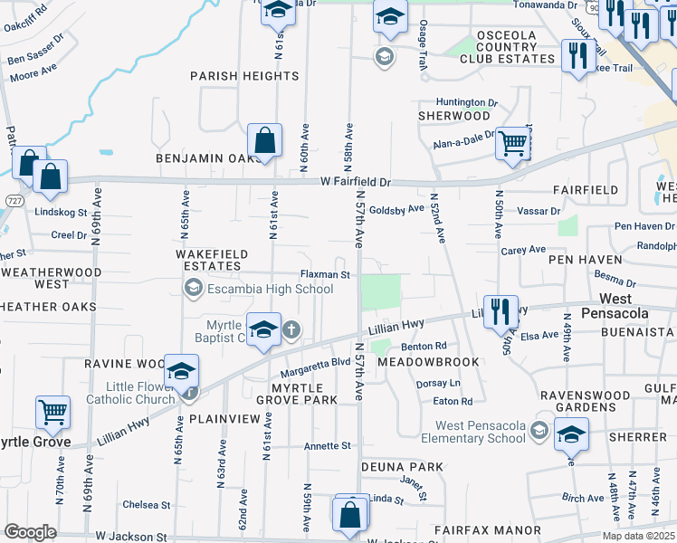 map of restaurants, bars, coffee shops, grocery stores, and more near 1111 North 57th Avenue in Pensacola