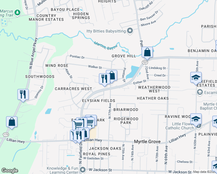 map of restaurants, bars, coffee shops, grocery stores, and more near 1280 Demeter Place in Pensacola