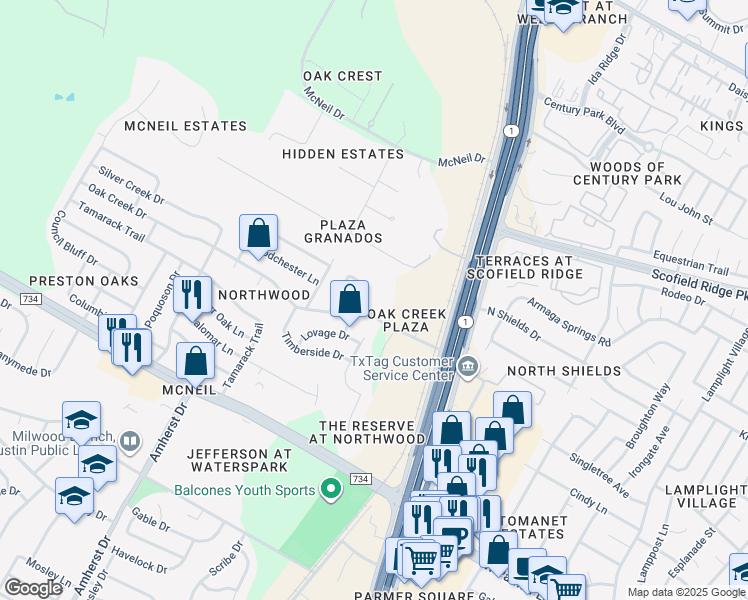 map of restaurants, bars, coffee shops, grocery stores, and more near 3300 Oak Creek Drive in Austin