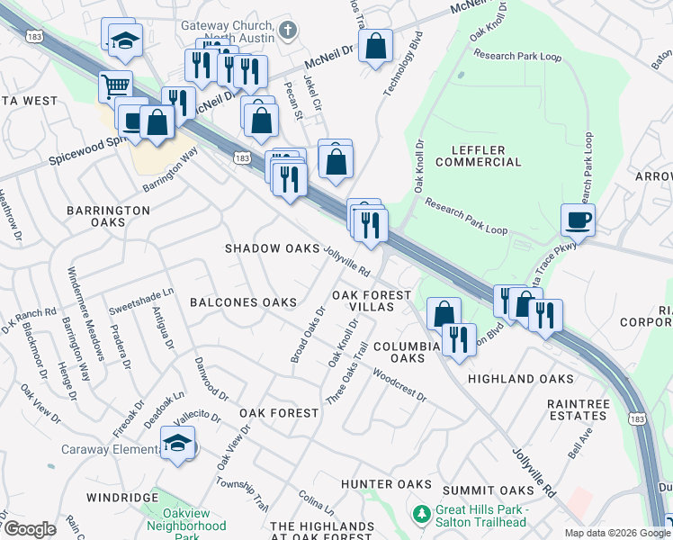 map of restaurants, bars, coffee shops, grocery stores, and more near 11900 Broad Oaks Drive in Austin