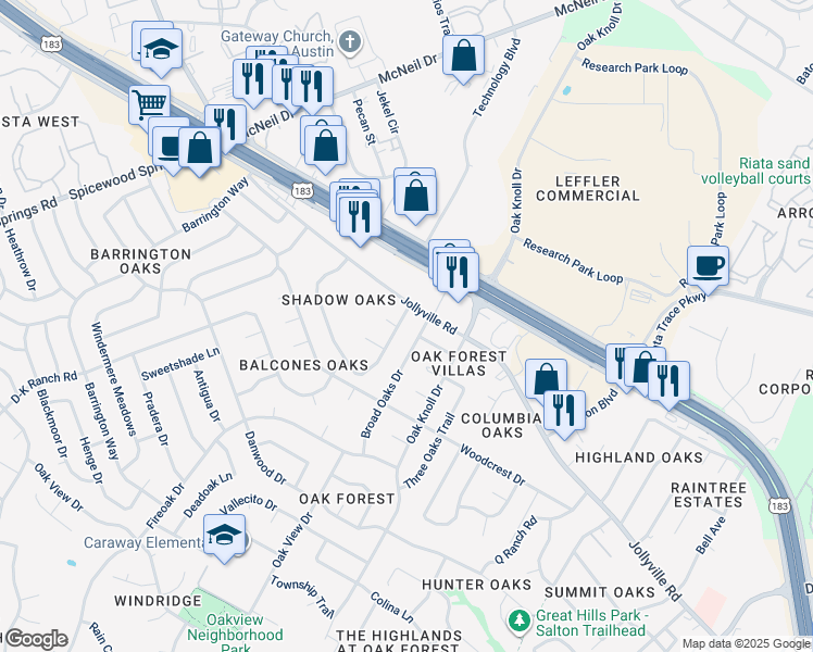 map of restaurants, bars, coffee shops, grocery stores, and more near 11900 Broad Oaks Drive in Austin