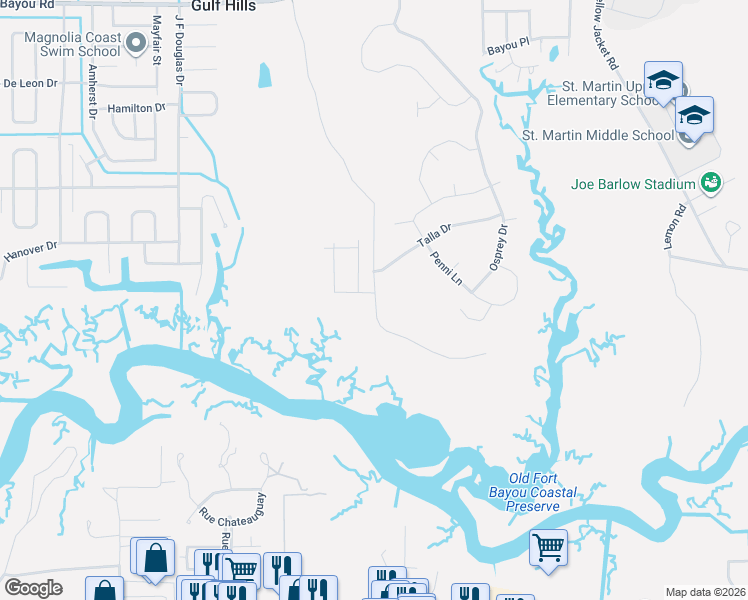 map of restaurants, bars, coffee shops, grocery stores, and more near Bayou Talla Road in Ocean Springs