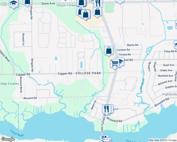 map of restaurants, bars, coffee shops, grocery stores, and more near 10612 Academy Park Drive in Jacksonville