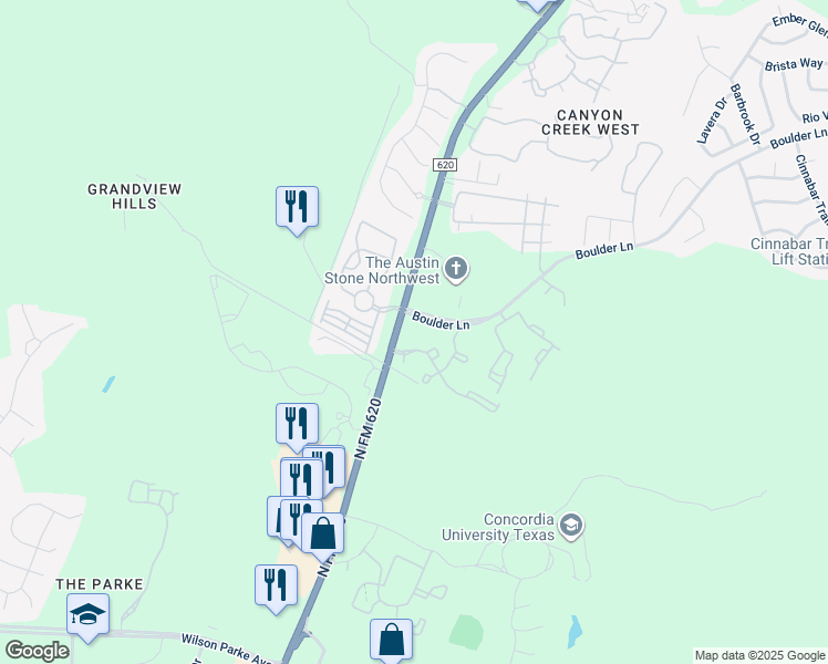 map of restaurants, bars, coffee shops, grocery stores, and more near 8801 Ranch Road 620 North in Austin