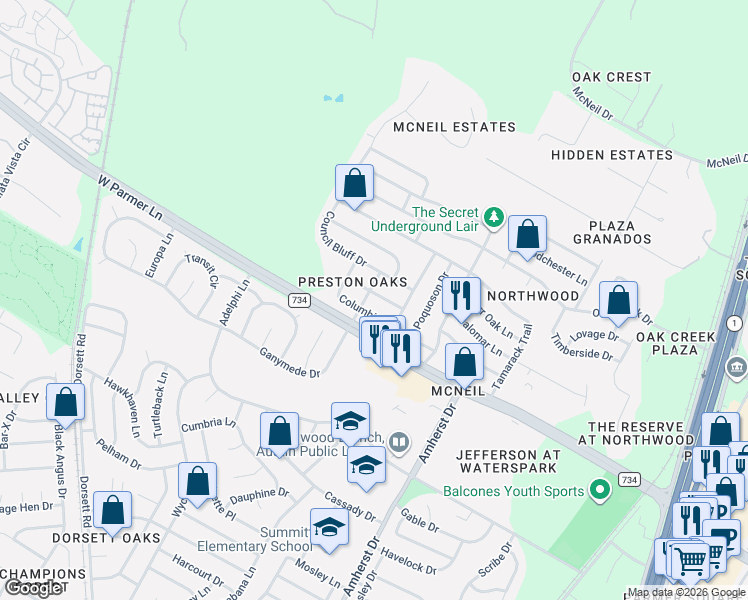 map of restaurants, bars, coffee shops, grocery stores, and more near 4229 Columbine Drive in Austin