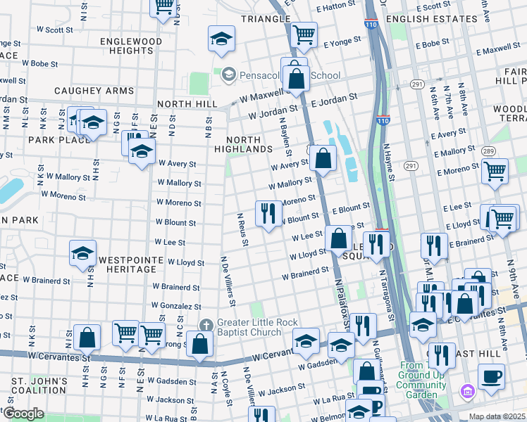 map of restaurants, bars, coffee shops, grocery stores, and more near 245 West Moreno Street in Pensacola