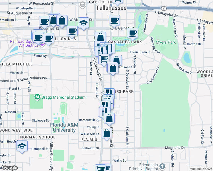 map of restaurants, bars, coffee shops, grocery stores, and more near 1534 South Adams Street in Tallahassee