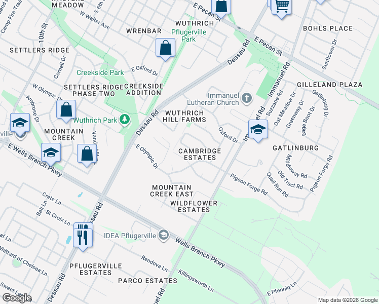 map of restaurants, bars, coffee shops, grocery stores, and more near 1014 Pigeon Forge Road in Pflugerville