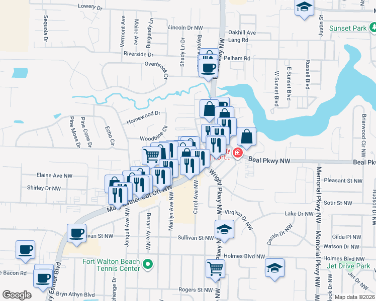 map of restaurants, bars, coffee shops, grocery stores, and more near 411 Mary Esther Cut Off Northwest in Fort Walton Beach